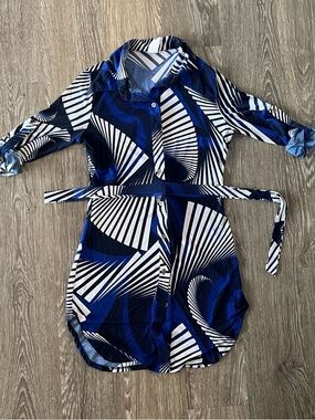 Blue & White Geometric Shirt Dress